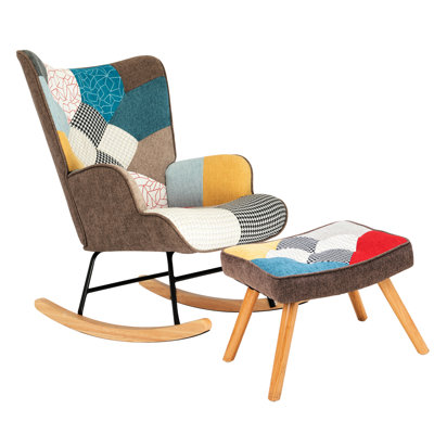 Textile Covered Rocking Chair With , Comfortable And For Bedroom Livingroom Colorful Wood Legs Livingroom, Relaxing
