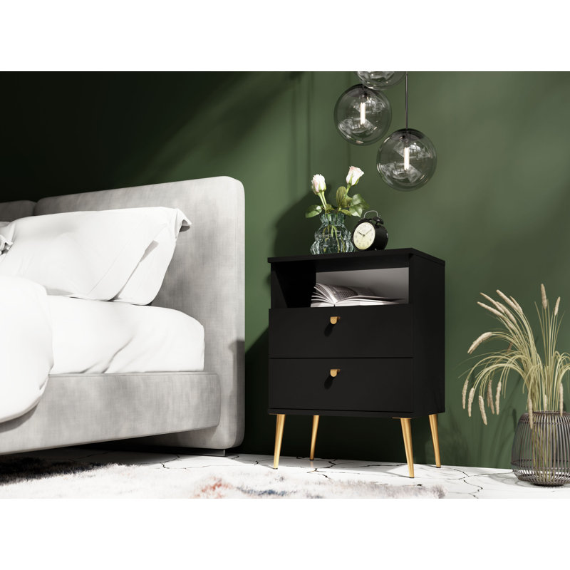 Abbegayle bedside table with a drawer, golden handles and feet, Black