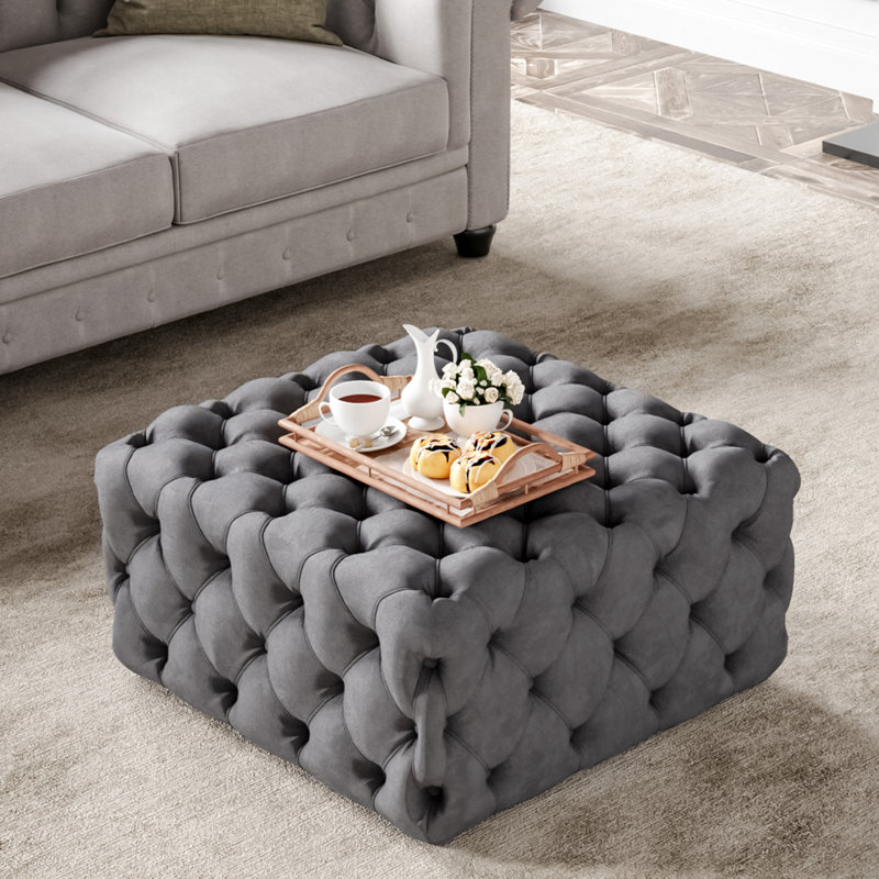Coby 70cm Wide Velvet Tufted Square Solid Colour Cocktail Ottoman, Grey