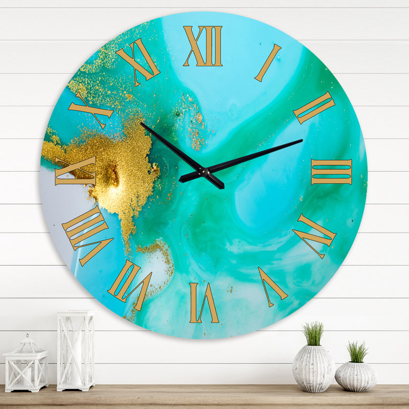 Or et vert marbré texture ondulée II - horloge murale moderne, Surdimensionné