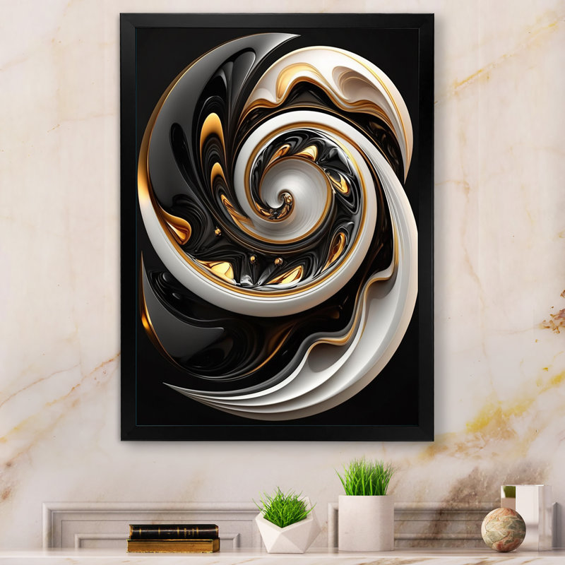 Or et noir vitrail spirale I - reproduction sur toile, H 32 po x l 24 po x P 1 po, Cadre photo noir