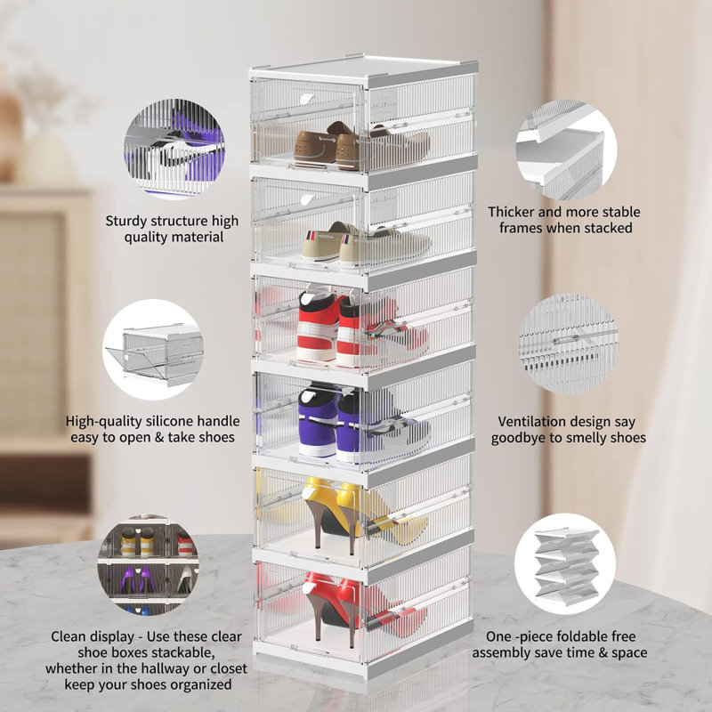 Shoe Boxes Clear Plastic Stackable, Shoe Storage Organizer Boxes Easy Installation All In One Shoe Box With Doors 6 Tier Foldable Shoe Box Space Saving For Closet Entryway Containers Bins