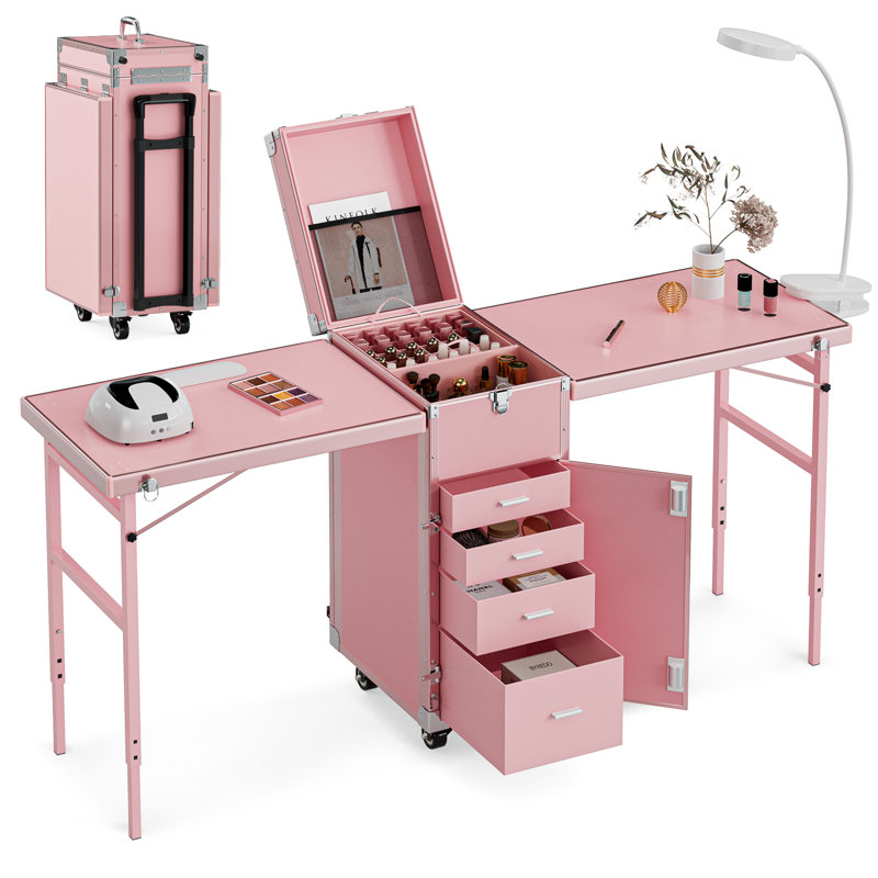 Professional Portable Makeup Trolley, Multi-Functional Nail Double Table with Drawers and Mirror, Travel Cosmetic Case for Beauty Salons, Black Aluminum Rolling Makeup Train Case
