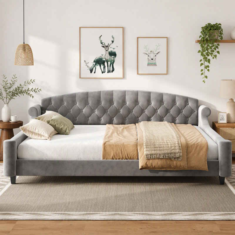 Grand lit de jour moderne capitonné à boutons grand luxe, Gris