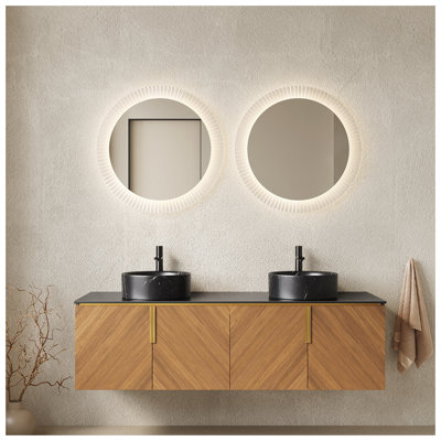 ARAI 60" Bathroom Vanity&Sinks, Wall-Mounted Plywood Bathroom Storage Cabinet with 4 Doors, 2 Black Round Ceramic Basins with Stone Pattern & Black Sintered Stone Countertop, Brown Oak Woodgrain Color