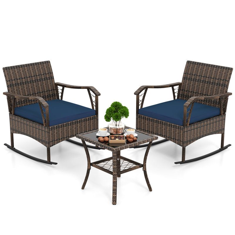 3 Pieces Rocking Bistro Set Outdoor PE Wicker Conversation Set With Cushions