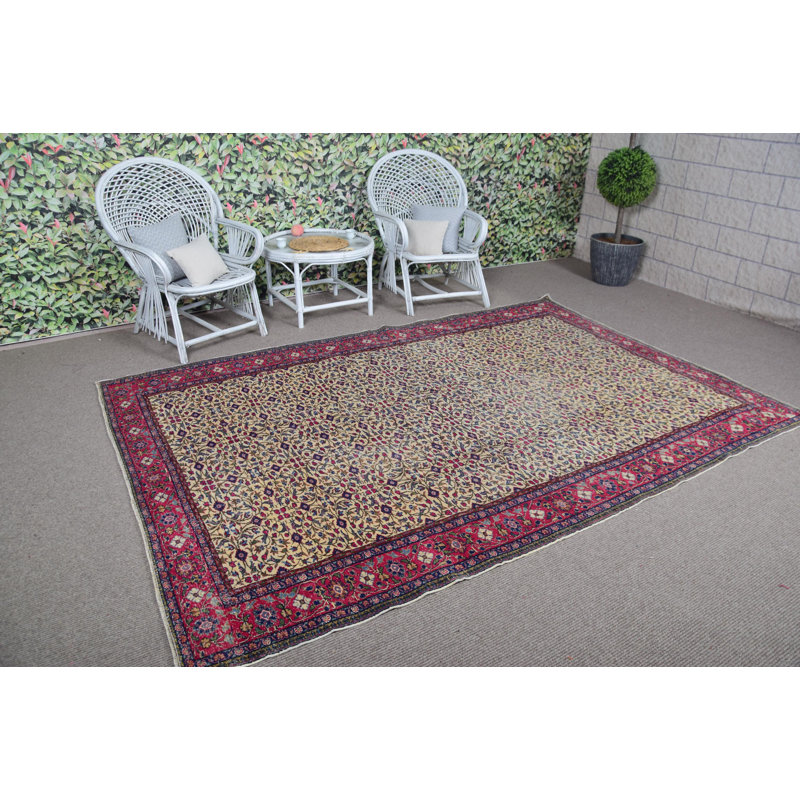 Grand tapis turc rétro Anatolian à motif floral beige et rouge pour la salle à manger