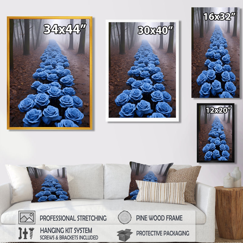 Forêt, chemin des roses bleues - Roses, art mural, Toile avec cadre flottant brun, H 44 po x l 34 po x P 1,5 po