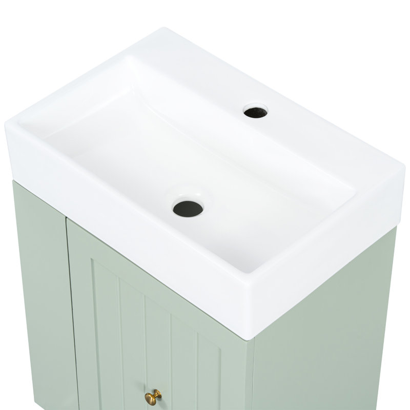 Meuble-lavabo moderne de 20 pouces avec lavabo en céramique, armoire de rangement, tiroir, tablette latérale et poignée dorée pour les petites salles de bain