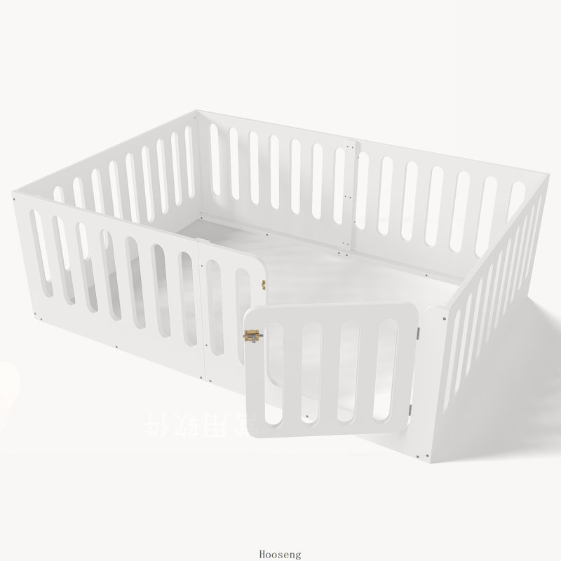 Lit double en bois massif Montessori avec clôture haute et porte d'accès, blanc, lit pour tout-petit, Double, Blanc clair