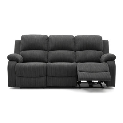 Dark Grey Corduroy 3-Seat Manual Recliner Sofa With Drop-Down Table & Cup Holders, High-Density Foam Couch With 3-Zone Back Support For Living Room, Home Theater, Family Entertainment Space
