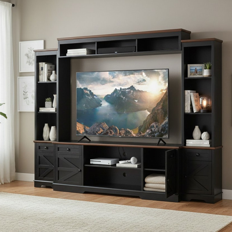 Entertainment Center For Tvs Up To 80", Bookshelf Wall Console, Two-Tone , Modern Farmhouse, Living Room Storage System