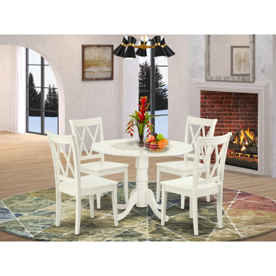 5 Piece Dining Set Includes a Round Dining Room Table with Dropleaf and 4 Wood Seat Chairs, Linen White
