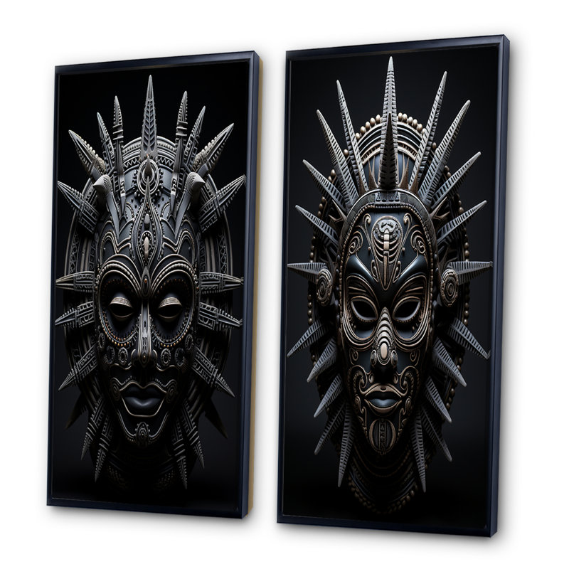Masque africain - Tribu - ensemble de 2 reproductions, Cadre noir, H 40 po x l 40 po