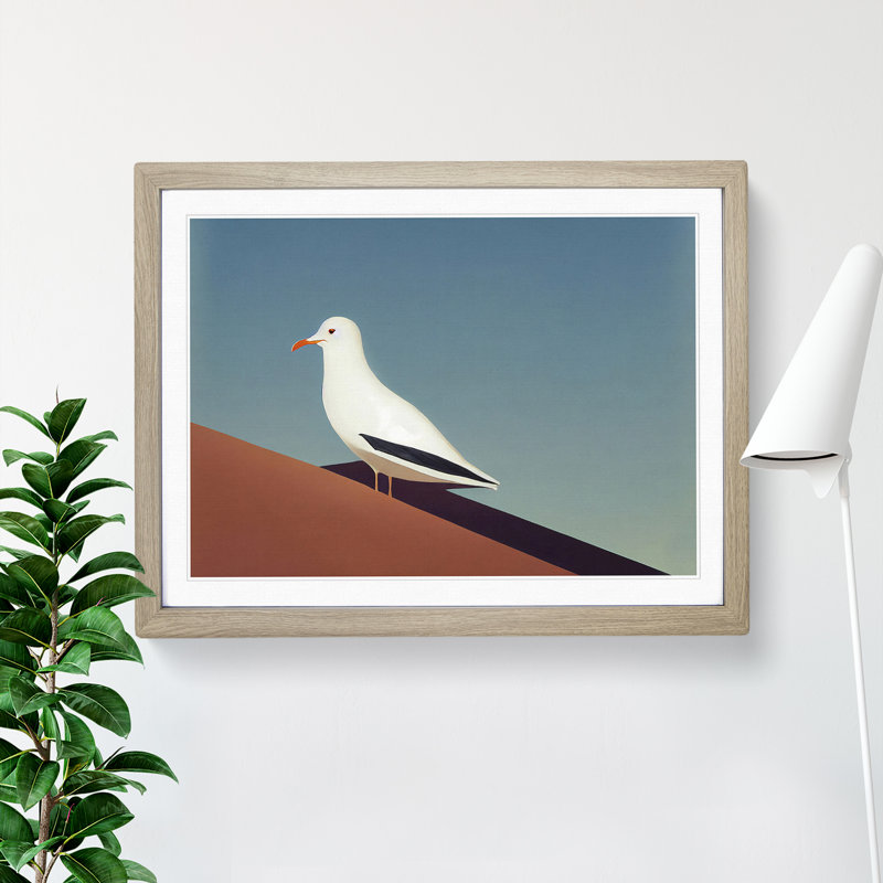 Minimalist Seagull - Framed Print, 46cm H x 64cm W, Oak Framed
