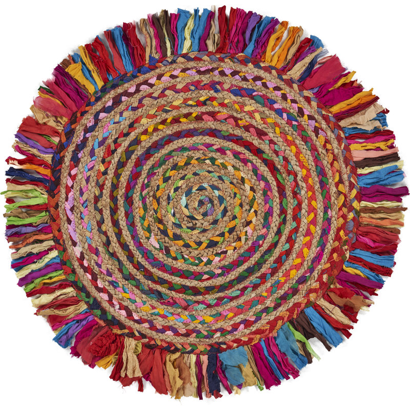 Whimsical Hand-braided Natural Fiber Jute Round Indoor Area Rug with Fringe, Round 3'6"