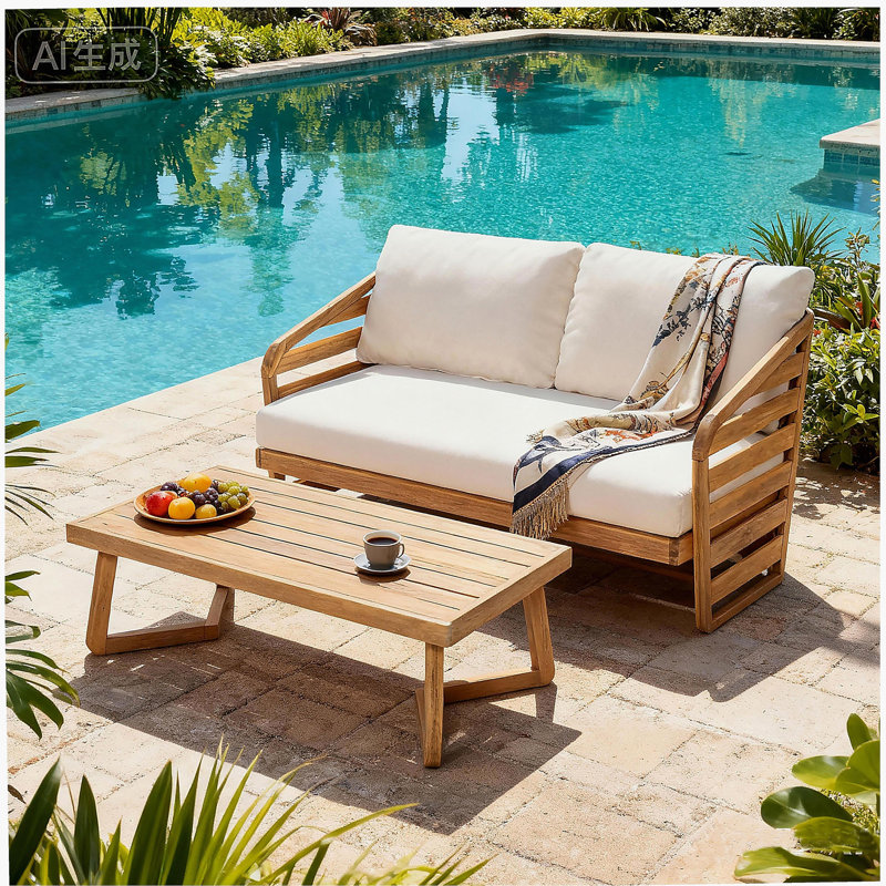Royal Acacia Wood Loveseat and Coffee Table Set, Beige