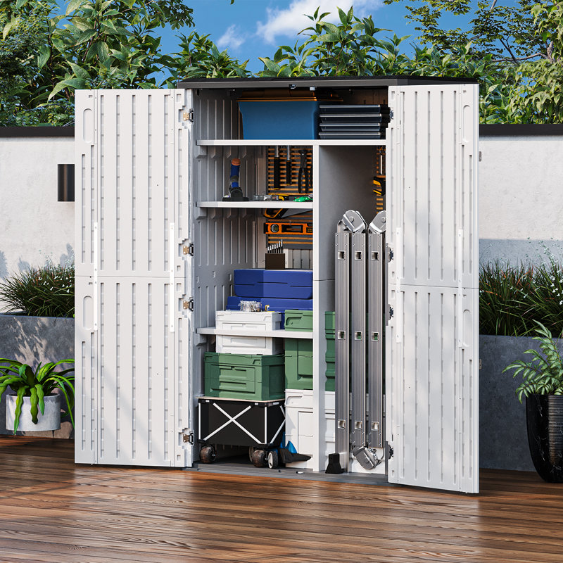 4,5 pi L 2,5 pi. D Abri de rangement en résine avec tablettes, Blanc