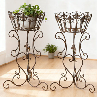 Tall Metal Plant Stands 2-Pack, 25 Inch Wrought Iron Plant Pedestal Holder, Heavy Duty Indoor Outdoor Garden Patio Display Rack With Fleur-De-Lis Design