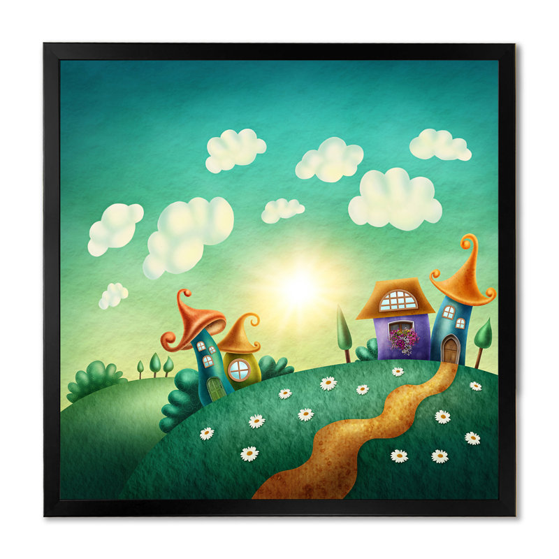 " Little Houses In Green Fantasy Village " by Designart, 16" H x 16" W, Black Picture Frame Canvas