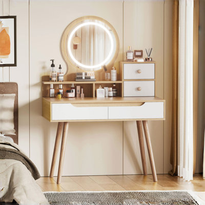 Ensemble de coiffeuse avec 3 miroirs lumineux réglables avec pieds de table en bois massif, ensemble de coiffeuse avec 4 tiroirs et 3 tablettes ouvertes pour les petits espaces