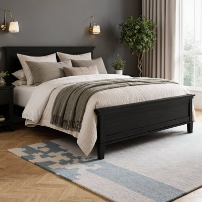 Grand lit plateforme Mid-Century moderne en bois avec tête de lit, pieds fuselés en pin massif, support à lattes de bois, aucun sommier requis, rangement sous le lit de 8,2 po, mobilier de chambre robuste