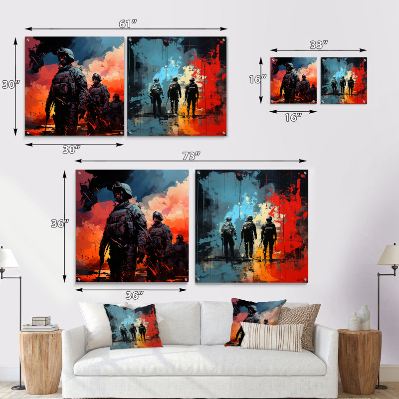 Armée militaire dans le chaos - Ensemble de 2 peintures murales en acrylique militaire, H 16 po x l 33 po