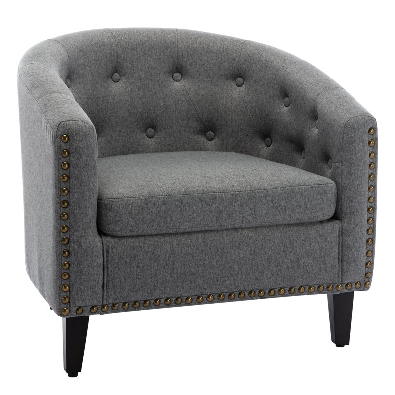Fauteuil demi-tonneau large capitonné 28,3 po Francesca, 100 % lin gris
