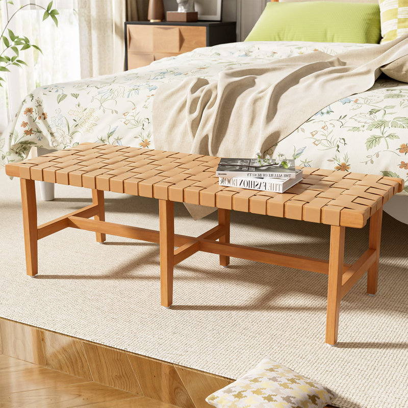 Élégant banc de chambre en bois d'acacia avec siège en similicuir