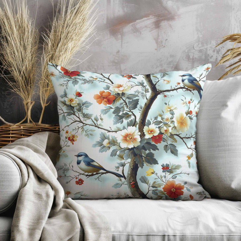 Coussin en suède deux oiseaux et fleurs, Bleu, Carré 16 po