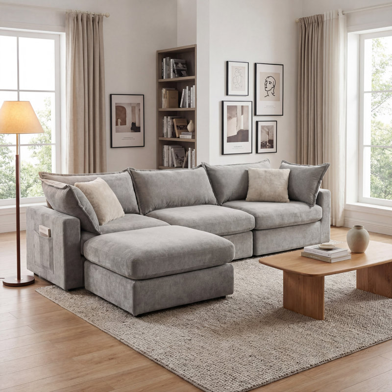 118.5" Down Filled  Modular Sectional Sofa With Storage Ottoman For Living Room, Light Grey, Gray