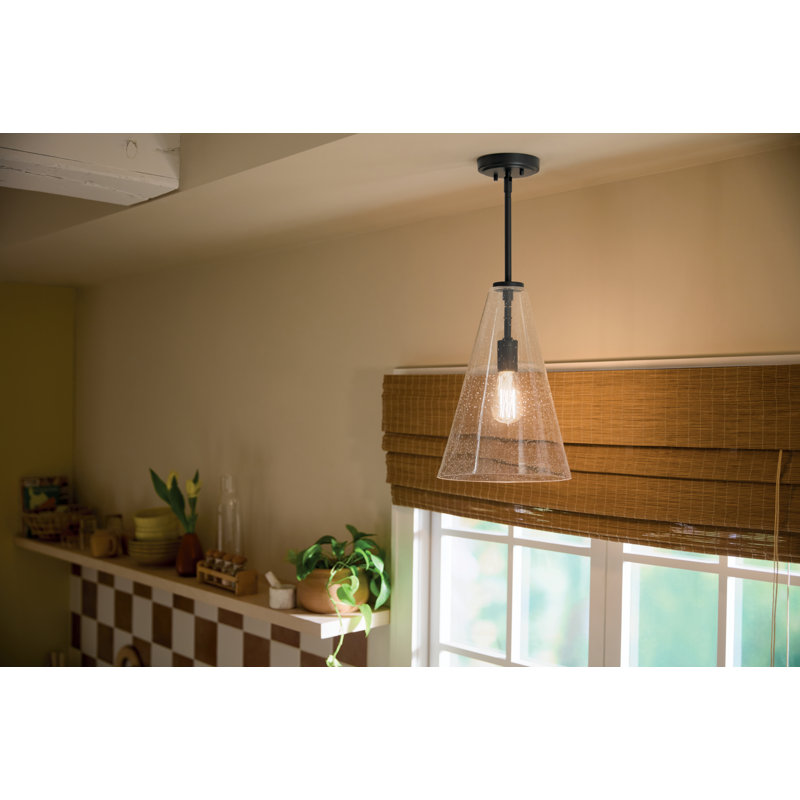 Luminaire suspendu moderne 1 lumière noir satiné avec abat-jour en verre bullé, Noir satiné