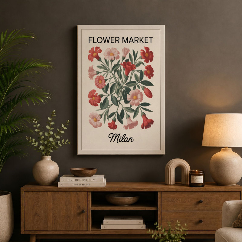Flower Market Milan Botanical - Wrapped Canvas, 30x20 - 76.2 x 50.8 cm, Ochre Border