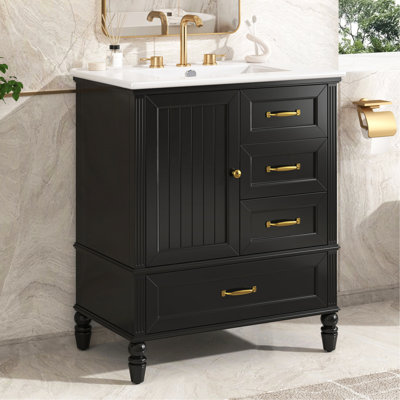 Meuble-lavabo de 30 po avec lavabo, armoire de salle de bain avec porte, trois tiroirs, pieds en bois massif et panneau de fibres à densité moyenne, patins réglables, noir