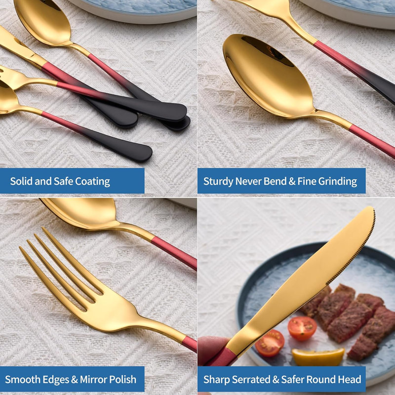 20-Pieces Gold Stainless Steel Black Red Handle Flatware Set