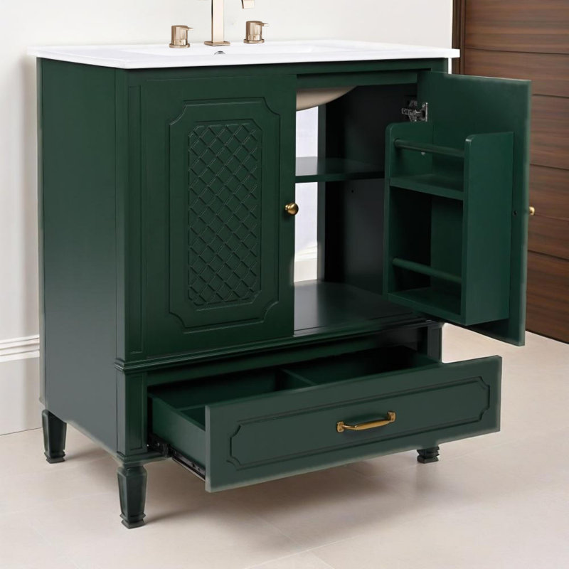 Meuble-lavabo 30 po avec lavabo style rétro, espace de rangement multifonctionnel, tablette de porte, porte à fermeture en douceur
