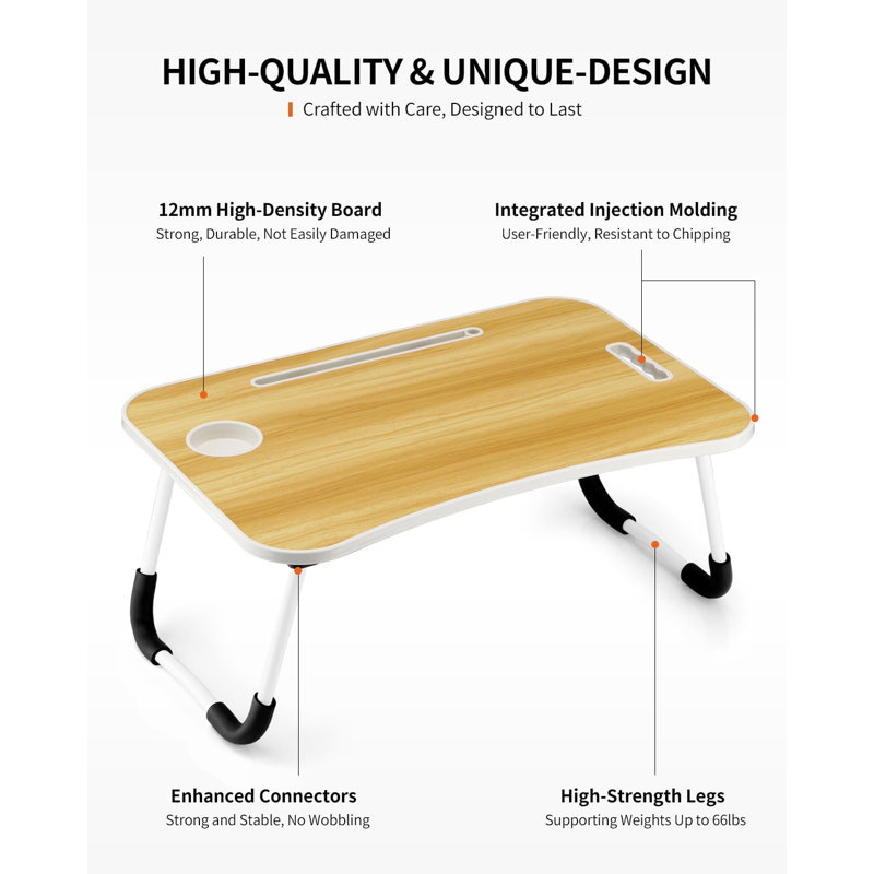  Table pliable pour ordinateur portable - Bureau portatif en bois avec porte-gobelet, fente pour tablette et poignée de transport - Lit réglable, canapé et bureau au sol pour travailler, écrire, dessiner et manger