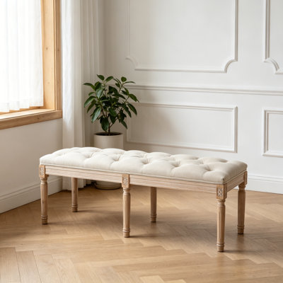 Banc de lit en lin touffeté rétro, avec pieds en bois sculpté vieilli, pour vestibule, salon, crème
