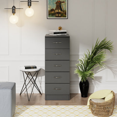 Delonna Narrow Tall Chest of 5 Drawers Bedside Bedroom Hallway Storage Cabinet Furniture