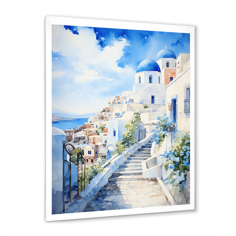 Village côtier de Santorin en Grèce 4 - Art sur toile imprimé en Grèce, Cadre simple blanc, H 32 po x l 24 po x P 1 po
