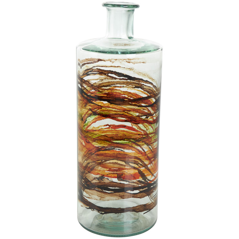Donsha Recycled Glass Abstract Decorative Clear Vase with Swirled Colored Glass Bands, 15.95" H x 5.85" W x 5.9" D, Clear