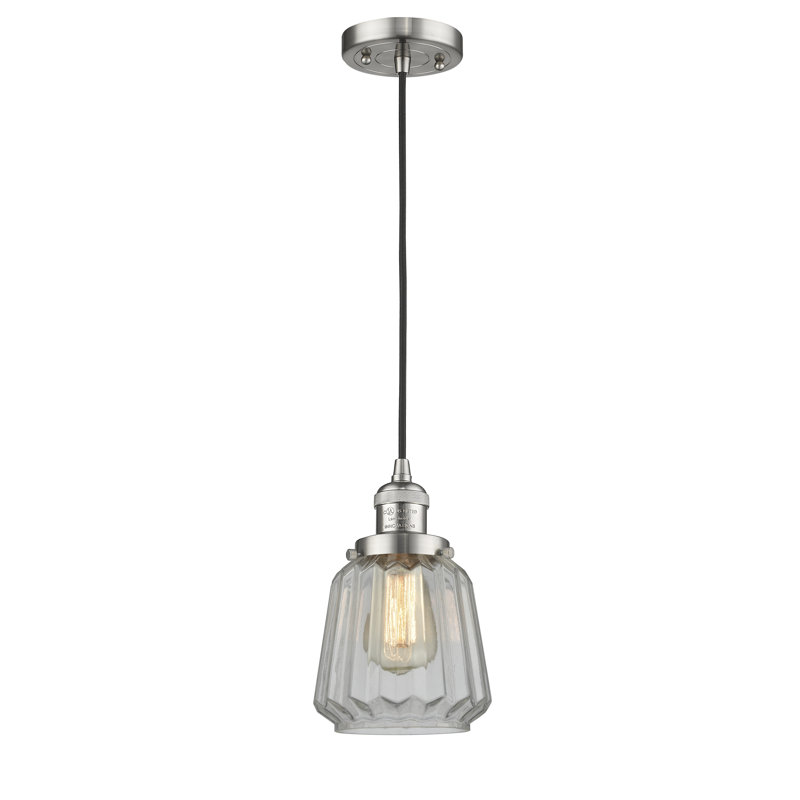 Luminaire suspendu en forme de cloche à 1 lumière Vinson, Transparent, Ampoule DEL 6 watts Vinage, Nickel satiné brossé