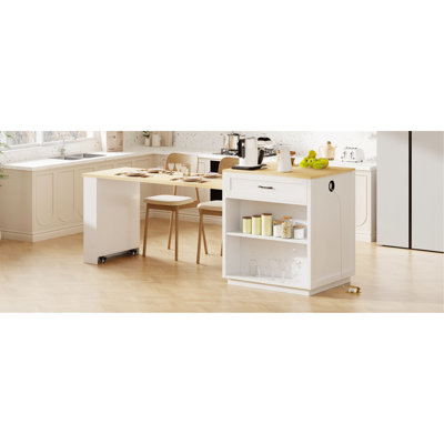82.7 inch Kitchen Island with Extendable Dining Table for 4-6 Person,Two-tone Kitchen Table with Double-sized Storage, Power Outlet, Kitchen island wi