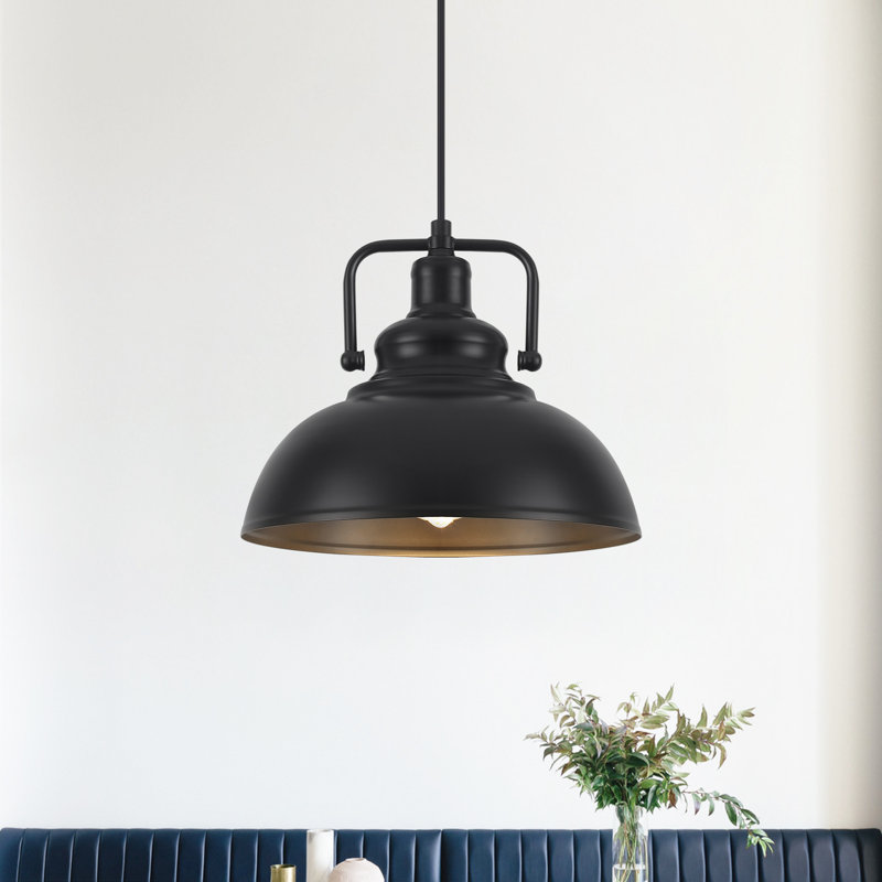 Luminaire suspendu rétro en métal à 1 lumière avec abat-jour dôme industriel Bonifant, Black