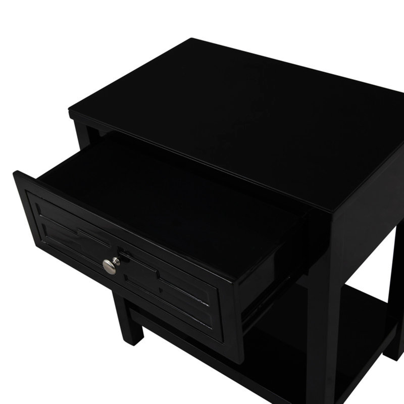 Table de chevet en bois avec plateau en verre et tiroir Dylan, Noir