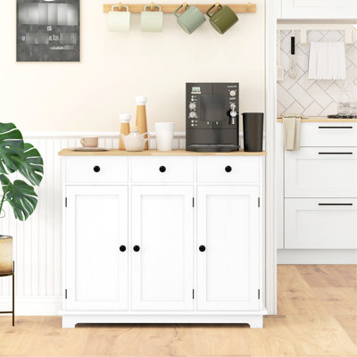 Kitchen Sideboard - Solid Wood Countertop, 3 Drawers, Doors, Adjustable Shelf Modern Distressed White For Bookcase Hobby Room