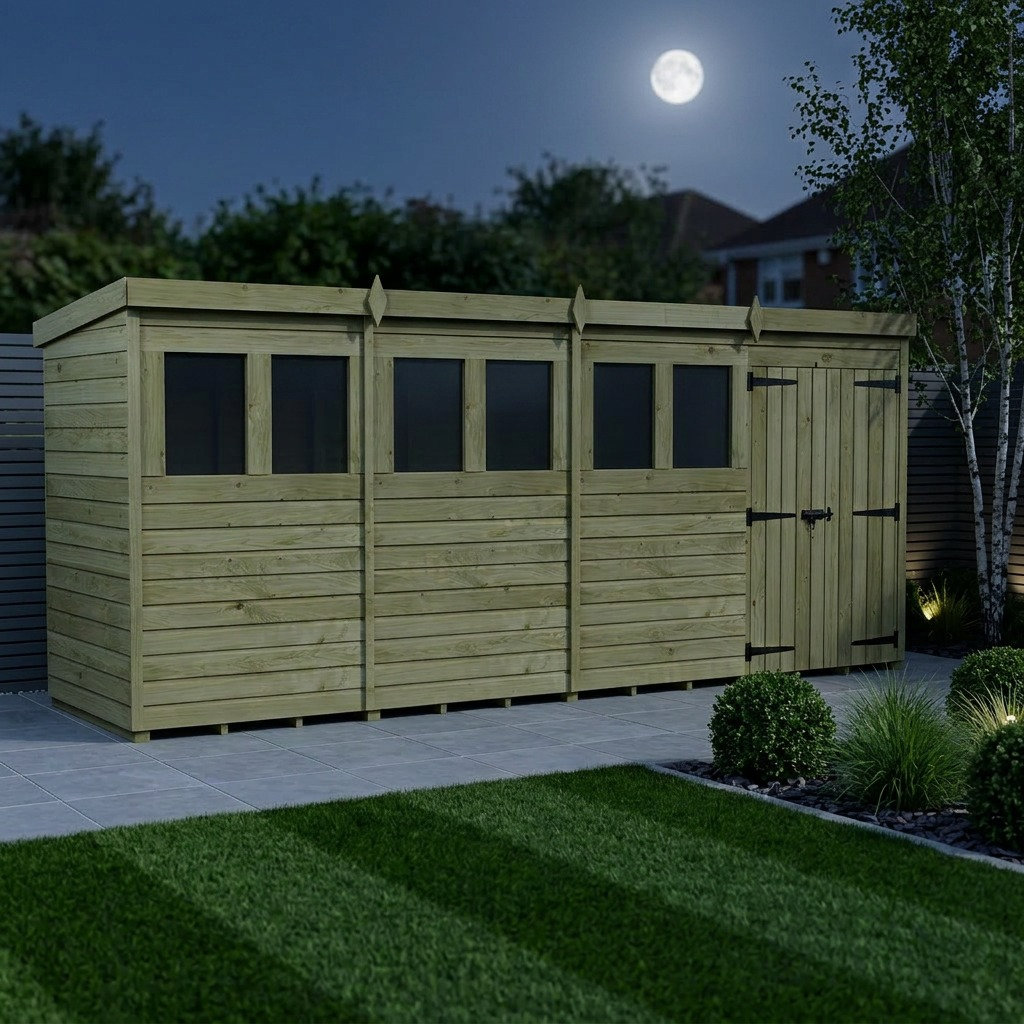 Total Sheds 16ft x 4ft Pent Garden Shed - Double Door - With Windows - Pressure Treated Timber - UK Manufactured