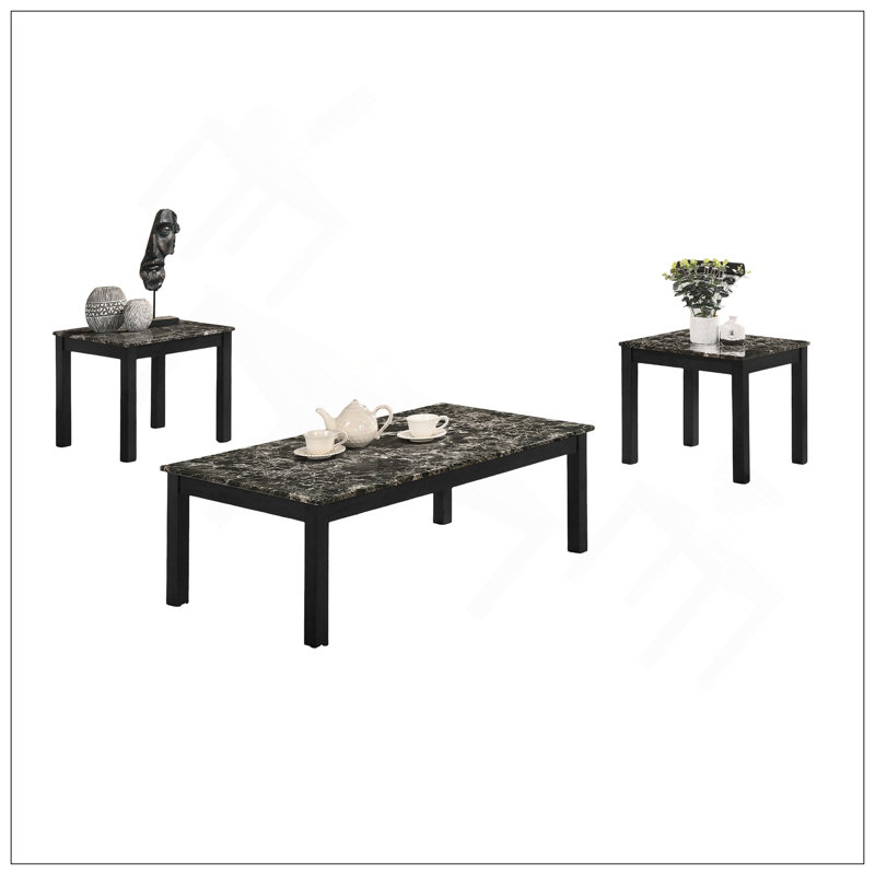 Ensemble de tables basses chic en faux marbre avec pieds noirs pour le salon, Noir