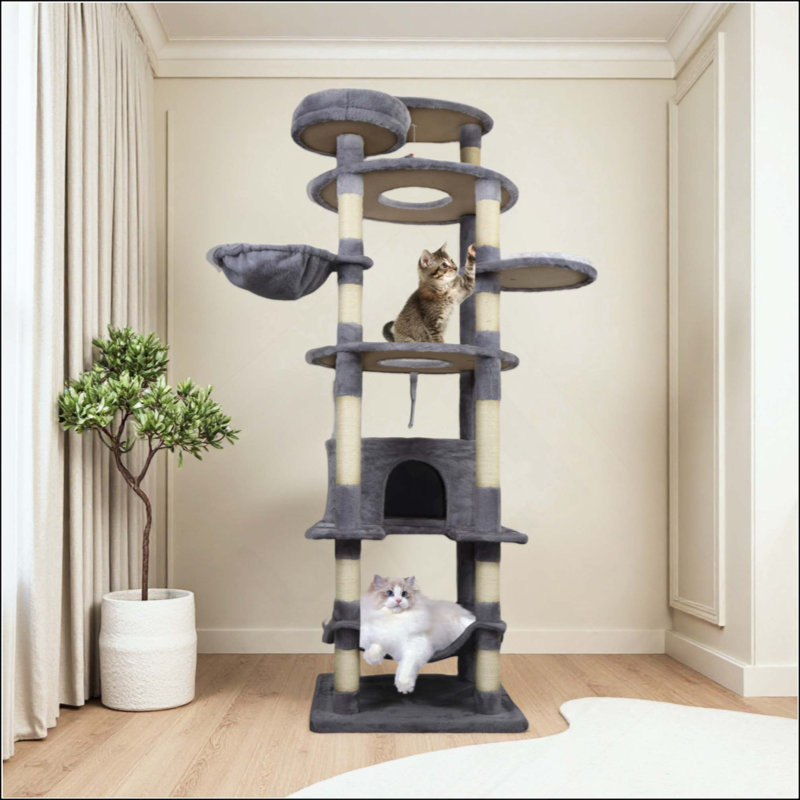 Tour pour arbre à chat avec base large, grand condo, poteau à griffes 12 sisal, grand hamac, grande plateforme supérieure, nombreux perchoirs et jouet interactif