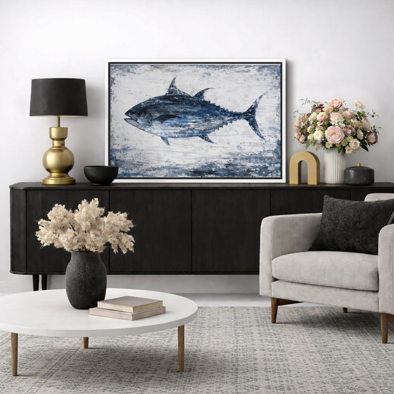 Blue Tuna Fish Artwork, Coastal Marine Life Living Room Pictures, Framed Canvas Giclee Print Wall Art, White Frame